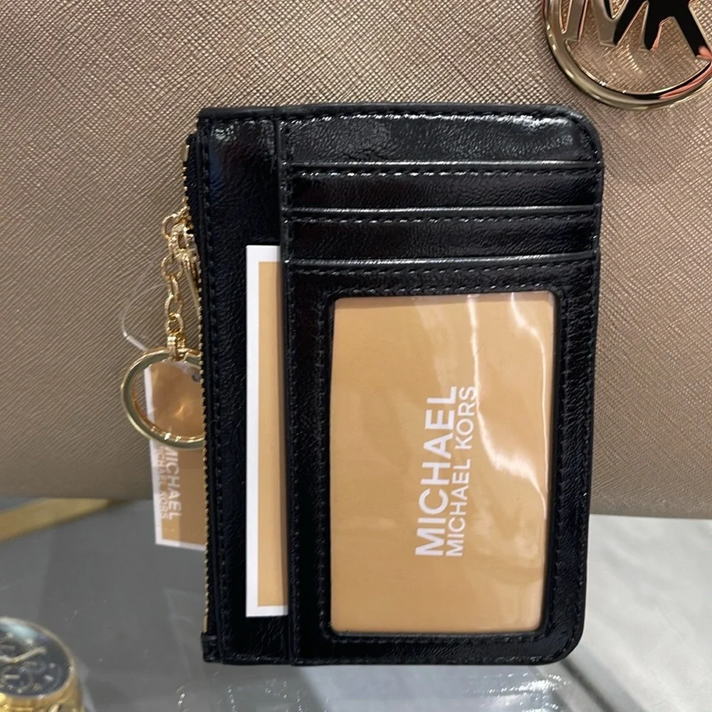 MICHAEL KORS Jet Set Travel Small Top Zip Coin Pouch With ID Keychain  Black NWT